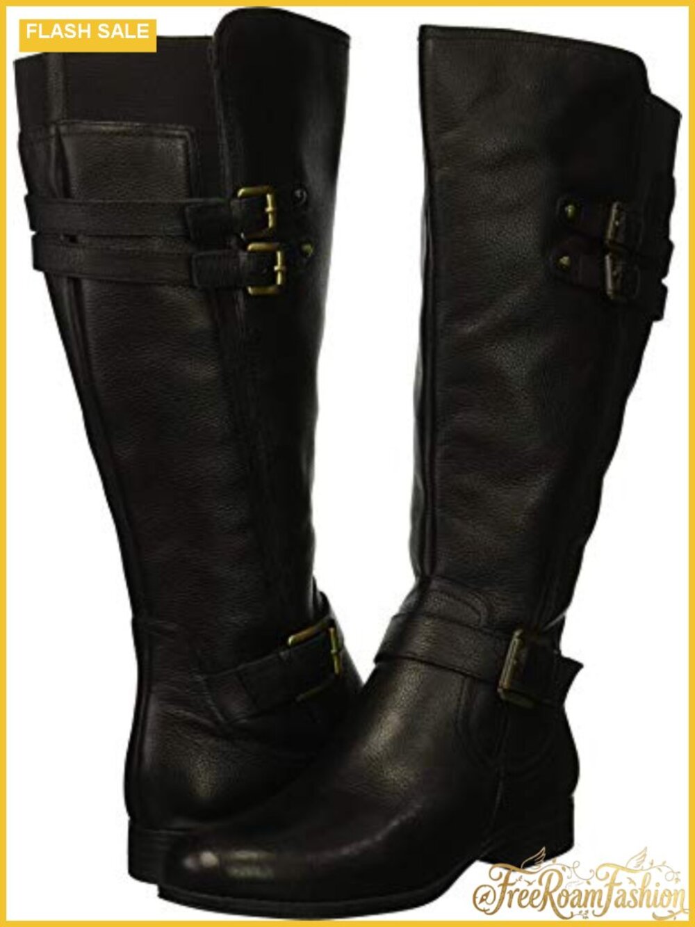 Wide Calf Leather Knee High Riding Boots with Buckle Detail